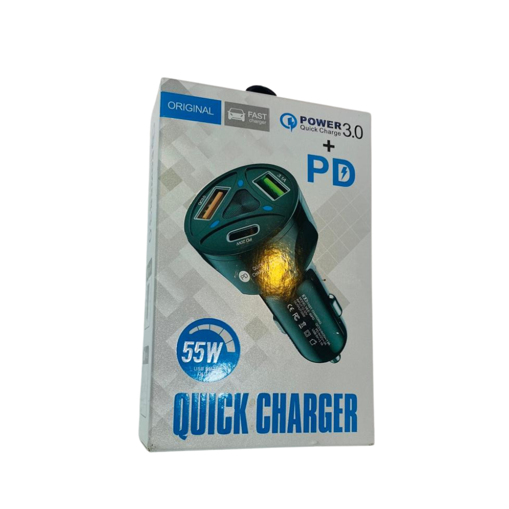 Quick Charger 55W – QC 3.0 + PD | Multi-Port Car Charger