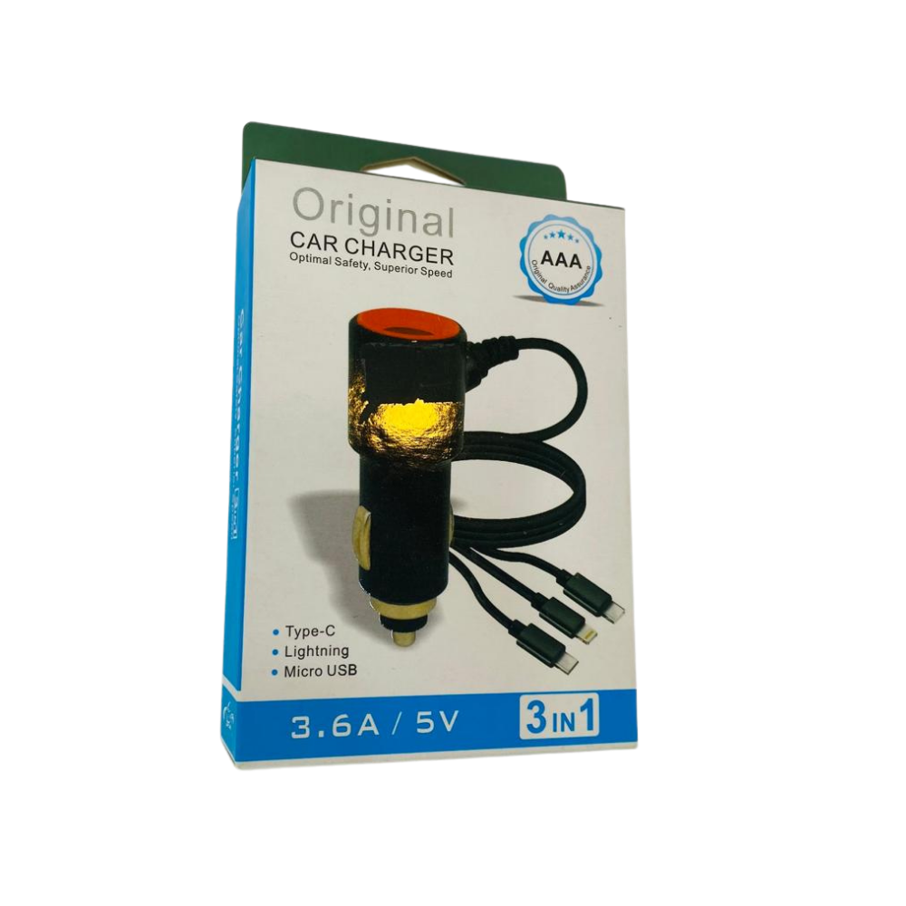 3-in-1 Original Car Charger – 3.6A Output | Triple Connector